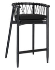 Modern black wooden barchair with woven rope backrest and cushioned seat, perfect for contemporary lounge settings