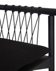 Modern black wooden dining chair with woven rope backrest and cushioned seat, perfect for contemporary lounge settings