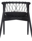 Modern black wooden dining chair with woven rope backrest and cushioned seat, perfect for contemporary lounge settings