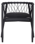 Modern black wooden dining chair with woven rope backrest and cushioned seat, perfect for contemporary lounge settings