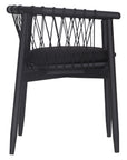 Modern black wooden dining chair with woven rope backrest and cushioned seat, perfect for contemporary lounge settings