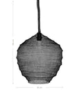 A handcrafted black woven pendant light featuring an intricate mesh design, creating a sculptural silhouette ideal for contemporary interiors