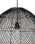 Black woven pendant light with natural trim detailing, featuring an exposed bulb for a modern coastal aesthetic