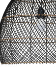 Black woven pendant light with natural trim detailing, featuring an exposed bulb for a modern coastal aesthetic