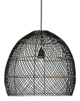 Black woven pendant light with natural trim detailing, featuring an exposed bulb for a modern coastal aesthetic
