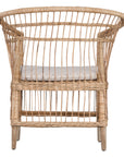 A beautifully crafted blonde rattan armchair with an open-weave design and a white cushioned seat, perfect for adding a relaxed coastal touch to any space.