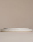 set of handcrafted ceramic dinner plates in a soft speckled stoneware finish, featuring a minimalist design with a slightly raised rim. Perfect for modern, organic-style dining