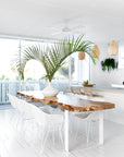 A bright and airy coastal dining space featuring a Kulala Living natural wood live-edge dining table, white wicker chairs, a white ceramic vase with lush greenery, and woven pendant lights for a relaxed, organic feel.