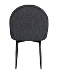 Contemporary dark grey upholstered dining chair with a plush, rounded backrest and cushioned seat, supported by sleek black metal legs for a sophisticated modern look