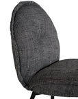 Contemporary dark grey upholstered dining chair with a plush, rounded backrest and cushioned seat, supported by sleek black metal legs for a sophisticated modern look