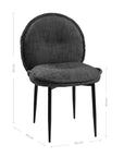 Contemporary dark grey upholstered dining chair with a plush, rounded backrest and cushioned seat, supported by sleek black metal legs for a sophisticated modern look