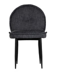 Contemporary dark grey upholstered dining chair with a plush, rounded backrest and cushioned seat, supported by sleek black metal legs for a sophisticated modern look