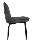 Contemporary dark grey upholstered dining chair with a plush, rounded backrest and cushioned seat, supported by sleek black metal legs for a sophisticated modern look