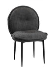 Contemporary dark grey upholstered dining chair with a plush, rounded backrest and cushioned seat, supported by sleek black metal legs for a sophisticated modern look