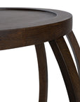 Dark oak side table with an open slat design, featuring a rounded shape and smooth finish. Ideal for adding a touch of rustic elegance to contemporary living spaces