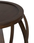Dark oak side table with an open slat design, featuring a rounded shape and smooth finish. Ideal for adding a touch of rustic elegance to contemporary living spaces
