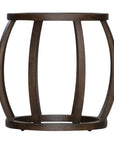 Dark oak side table with an open slat design, featuring a rounded shape and smooth finish. Ideal for adding a touch of rustic elegance to contemporary living spaces