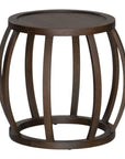 Dark oak side table with an open slat design, featuring a rounded shape and smooth finish. Ideal for adding a touch of rustic elegance to contemporary living spaces