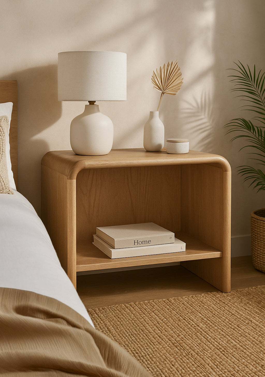 Flynn Open Bedside Table in natural oak finish with soft rounded edges, styled with ceramic decor and books in a warm, minimalist bedroom.