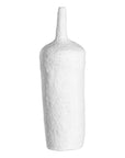 A handcrafted white paper mache vase with a raw, textured finish and an elongated silhouette. A striking sculptural piece perfect for minimalist or contemporary interiors