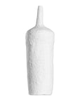 A handcrafted white paper mache vase with a raw, textured finish and an elongated silhouette. A striking sculptural piece perfect for minimalist or contemporary interiors