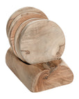 A set of handcrafted wooden coasters with a matching holder, showcasing organic textures and natural wood grain, perfect for adding a rustic touch to any table setting