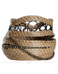 A set of handwoven natural baskets featuring intricate black metal ring detailing and striped accents. Crafted from organic fibres, these versatile storage baskets add a touch of artisanal craftsmanship to any space