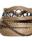 A set of handwoven natural baskets featuring intricate black metal ring detailing and striped accents. Crafted from organic fibres, these versatile storage baskets add a touch of artisanal craftsmanship to any space