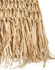 Handwoven raffia pendant light with an intricate open-weave pattern and natural fringe detailing, adding organic texture to any interior space