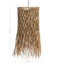 Handwoven raffia pendant light with an intricate open-weave pattern and natural fringe detailing, adding organic texture to any interior space
