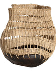 A unique handwoven rattan decorative basket with an open-weave design and a dark wooden base. A statement piece that adds texture and organic warmth to any interior