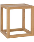 Solid oak side table with clean square lines styled for calm modern organic australian interiors