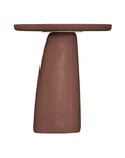 Lantara side table in a cinnabar clay finish with round top and elongated sculptural leg.