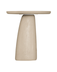 Lantara side table in driftstone finish with sculptural pedestal base and soft rounded top.