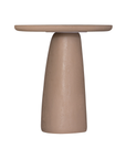 Lantara side table in nomad dune with tapered sculptural base and rounded top shown in a clean minimal setting.