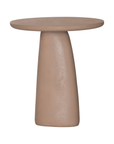 Lantara side table in nomad dune with tapered sculptural base and rounded top shown in a clean minimal setting.