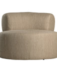 A contemporary latte upholstered lounge chair with a low-profile design and curved backrest. This modern, armless seating piece features a smooth, rounded silhouette, making it a stylish and comfortable addition to any living space