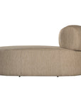A contemporary taupe upholstered lounge chair with a low-profile design and curved backrest. This modern, armless seating piece features a smooth, rounded silhouette, making it a stylish and comfortable addition to any living space