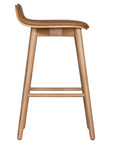 A stylish bar stool featuring a smooth tan leather seat and a sturdy natural oak frame. Designed with comfort and durability in mind, this contemporary stool is perfect for modern kitchens and dining spaces.