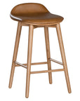 A stylish bar stool featuring a smooth tan leather seat and a sturdy natural oak frame. Designed with comfort and durability in mind, this contemporary stool is perfect for modern kitchens and dining spaces.