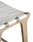 The Kulala Living Leather Weave Bar Stool features a handwoven white leather seat atop a natural timber frame, offering a refined yet relaxed aesthetic. The curved seat and sturdy construction provide both style and comfort, making it a perfect addition to modern coastal and contemporary interiors