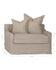 Natural linen one seater sofa with plush cushions, featuring a relaxed and stylish design for effortless comfort