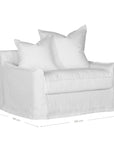 White linen one seater sofa with plush cushions, featuring a relaxed and stylish design for effortless comfort