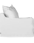 White linen one seater sofa with plush cushions, featuring a relaxed and stylish design for effortless comfort