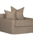 Natural linen one seater sofa with plush cushions, featuring a relaxed and stylish design for effortless comfort