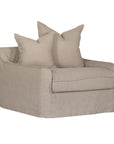 Natural linen one seater sofa with plush cushions, featuring a relaxed and stylish design for effortless comfort
