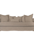 Natural linen three seater sofa with plush cushions, featuring a relaxed and stylish design for effortless comfort