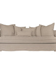 Natural linen three seater sofa with plush cushions, featuring a relaxed and stylish design for effortless comfort