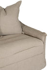 Natural linen three seater sofa with plush cushions, featuring a relaxed and stylish design for effortless comfort