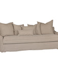 Natural linen three seater sofa with plush cushions, featuring a relaxed and stylish design for effortless comfort